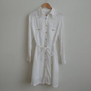 Beulah 100% ramie lightweight button up dress embroidered collar Medium